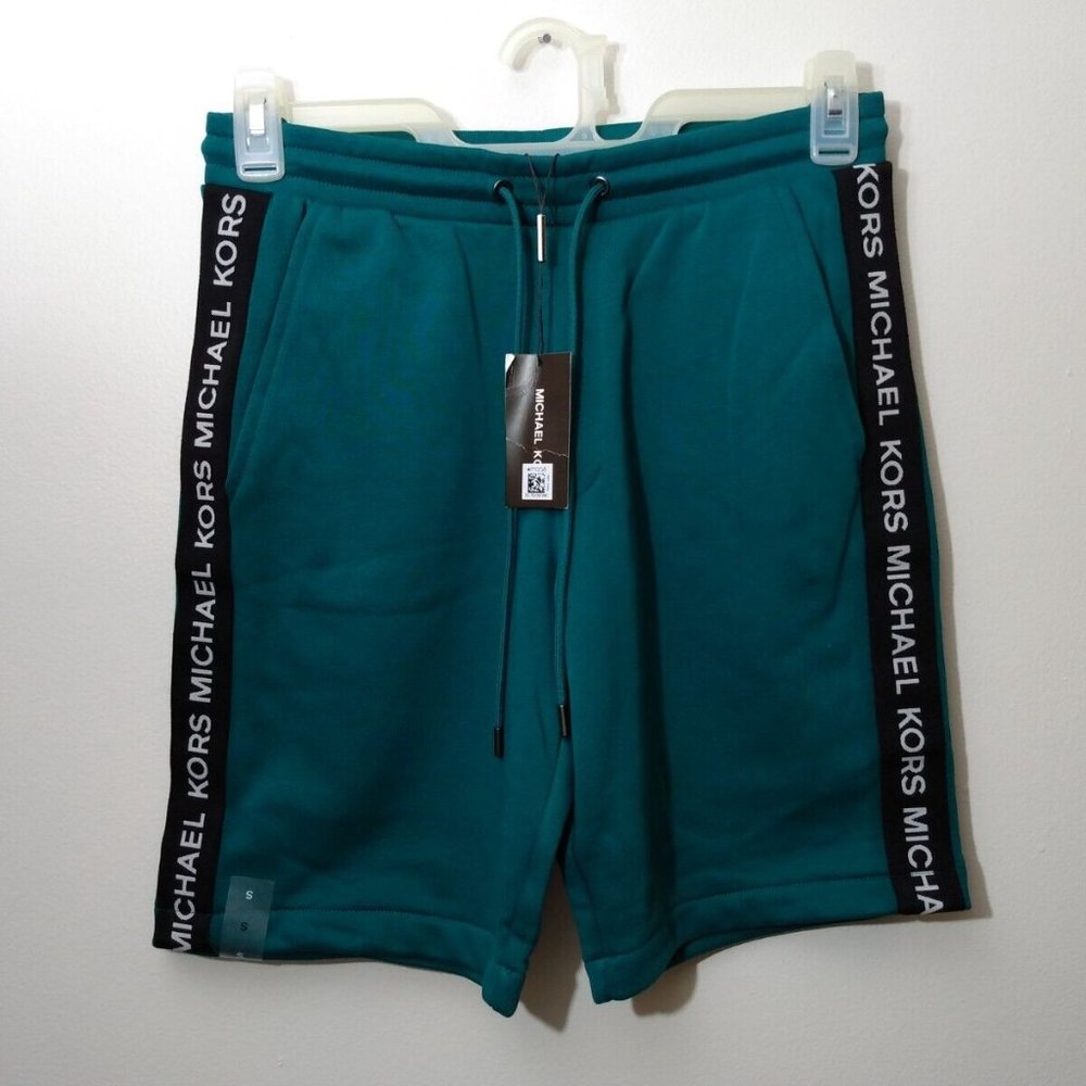 MICHAEL KORS Men's Logo-Tape Fleece Shorts CF2513Y46F Green NEW with TAGS